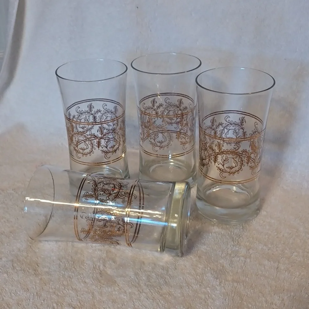 Federal Glass Co. Columbus Ohio 4 23 oz. Beverage glasses gold trim heavy bottom